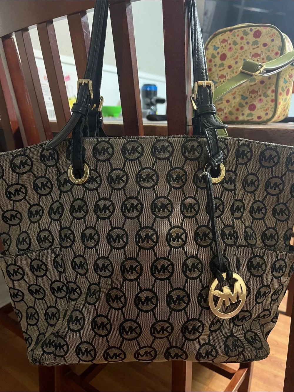 Michael Kors Black and Tan MK Logo Tote with Gold Charm